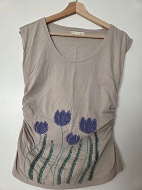 Women's Beige Tulip Embroidered Scoop Neck Top